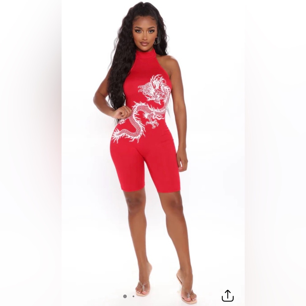Fashion Nova Red Halter Romper with Dragon Graphic